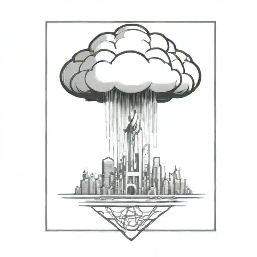 an abstract nuclear explosion mushroom cloud destroying a major city in an abstract black line frame tattoo design idea