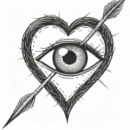 an eyeball with an arrow shooting through it encapsulated in a heart shape black and white tattoo design idea