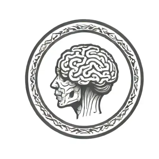 a brain inside a simple thick black line circular frame with geometric patterns shooting from it tattoo design idea