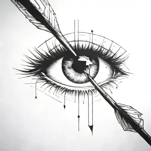 an arrow shot through a female eye encapuslated in a heart tattoo design idea