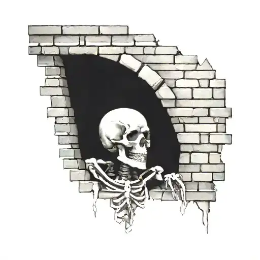 a skeleton hiding and stuck in a brick wall tattoo design idea