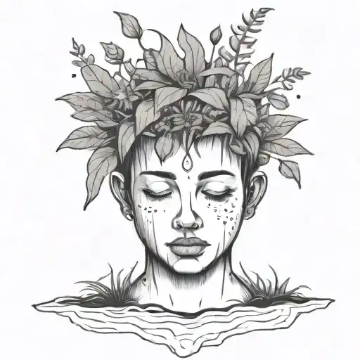 head poking out of a plant pot with soil on top of the head and flowers growing out of it. using thick black lines. tattoo design idea