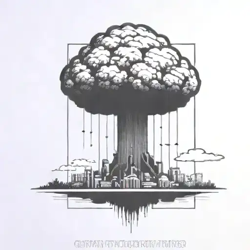 a nuclear explosion mushroom cloud contained within a perfect black square tattoo design idea