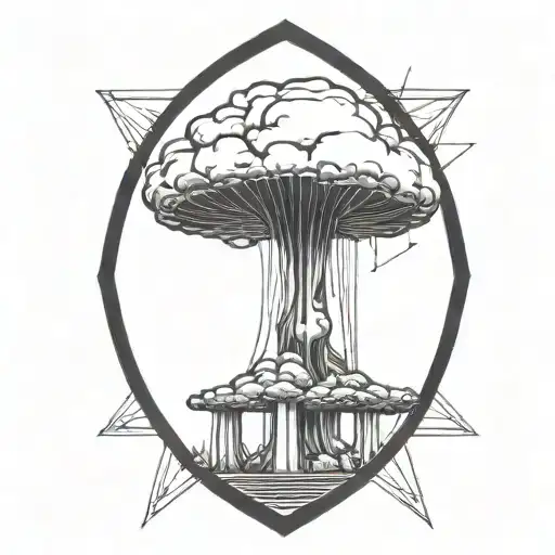 an abstract nuclear explosion mushroom cloud in an abstract black line frame tattoo design idea