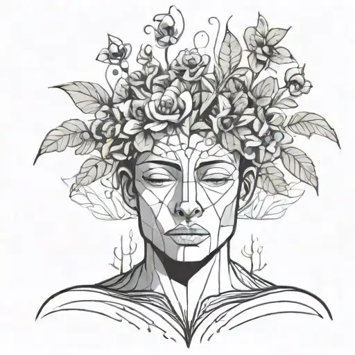 head poking out of a plant pot with soil on top of the head and flowers growing out of it. using thick black lines. tattoo design idea