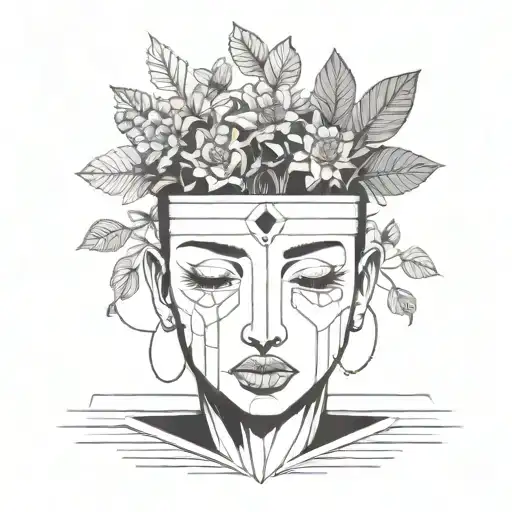 head poking out of a plant pot with soil on top of the head and flowers growing out of it. using thick black lines. tattoo design idea