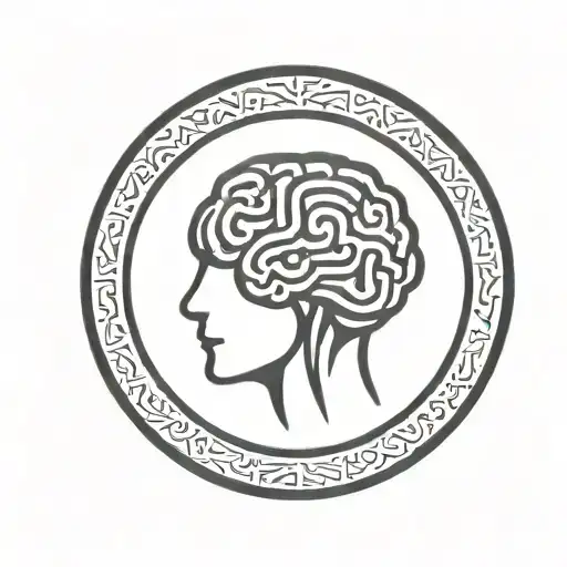 a brain inside a simple thick black line circular frame with geometric patterns shooting from it tattoo design idea