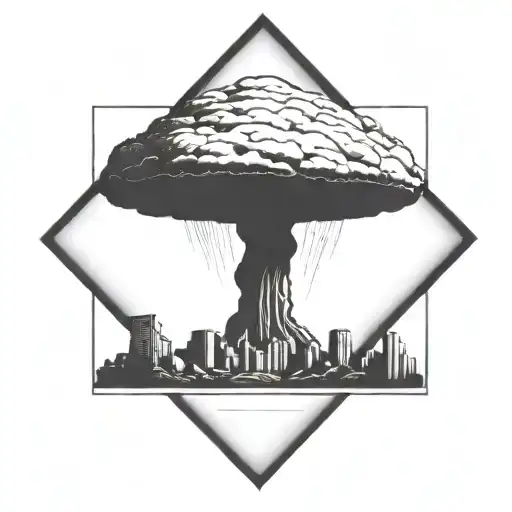 a nuclear explosion mushroom cloud contained within a perfect black square tattoo design idea