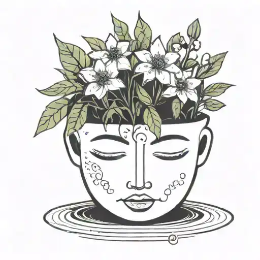 head poking out of a plant pot with soil on top of the head and flowers growing out of it. using thick black lines. tattoo design idea