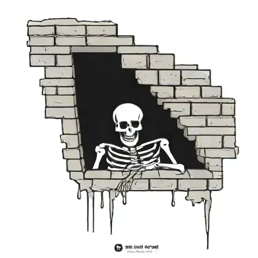 a skeleton hiding and stuck in a brick wall tattoo design idea