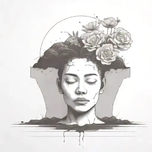 a head poking out of the soil of a muddy grave with soil on top of the head and flowers growing out of the top tattoo design idea