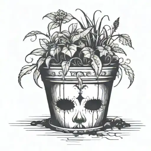 head poking out of a plant pot with soil on top of the head and flowers growing out of it. using thick black lines. tattoo design idea