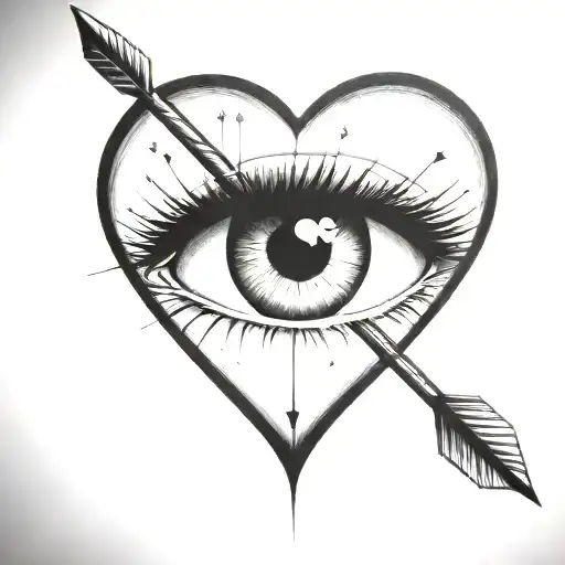 an arrow shot through a female eye encapuslated in a heart tattoo design idea