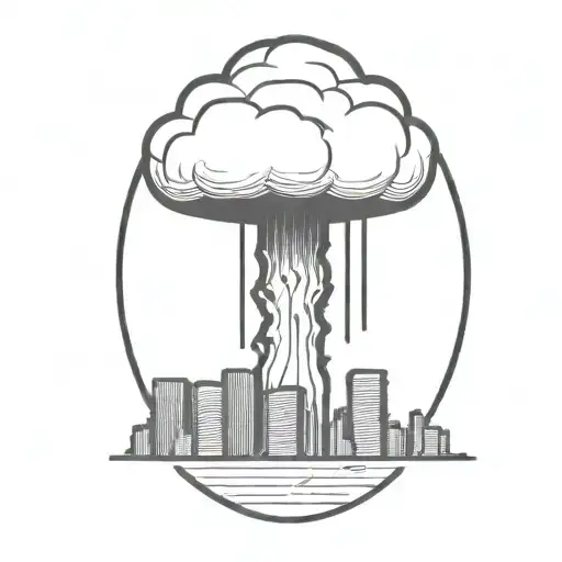 an abstract nuclear explosion mushroom cloud destroying a city in an abstract black line frame tattoo design idea