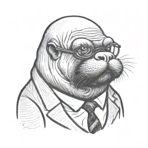 a walrus dressed as a businessman with glasses and a nametag that says 'warlus' tattoo design idea