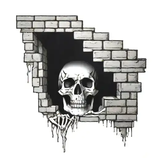 a skeleton hiding and stuck in a brick wall tattoo design idea