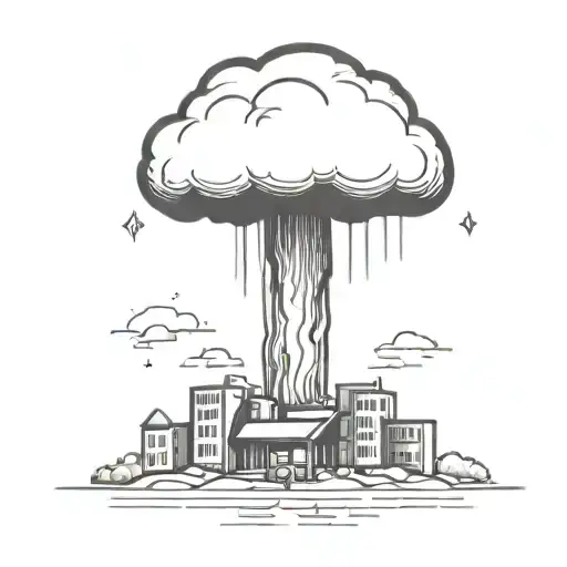 an abstract nuclear explosion mushroom cloud destroying a city in an abstract black line frame tattoo design idea