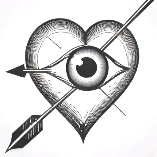 an eyeball with an arrow shooting through it encapsulated in a heart shape black and white tattoo design idea