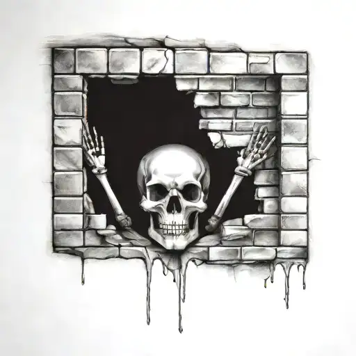 a skeleton hiding and stuck in a brick wall tattoo design idea