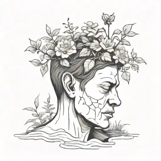 a head poking out of the soil of a muddy grave with soil on top of the head and flowers growing out of the top tattoo design idea