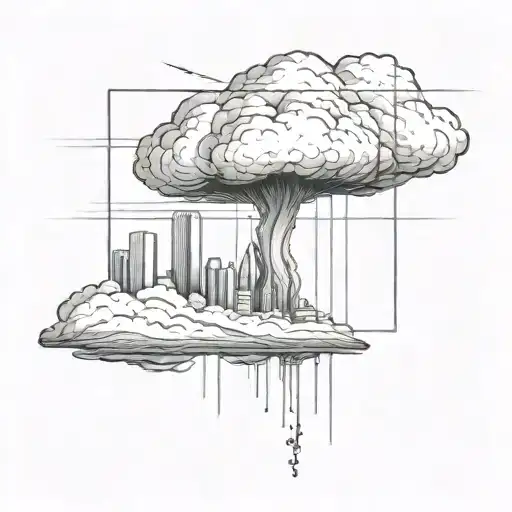 a nuclear explosion mushroom cloud destroying a city in a rectangular picture frame hanging on a wall tattoo design idea