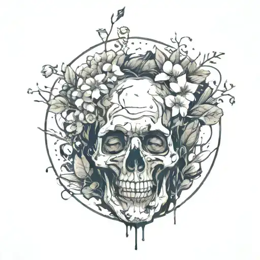 a head poking out of a grave, being covered in soil from above, with flowers growing out of the top, circular design tattoo design idea