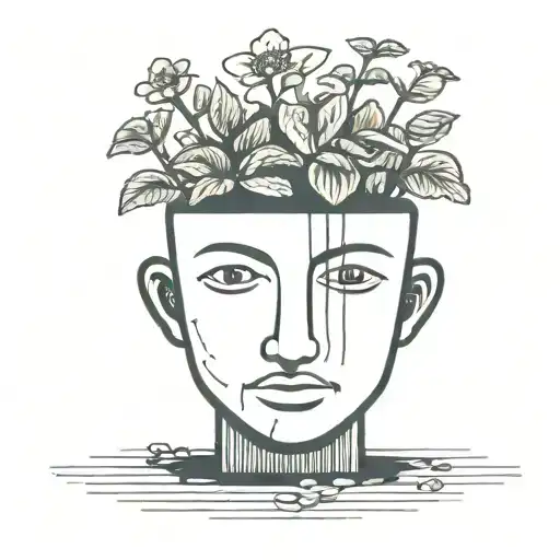 head poking out of a plant pot with soil on top of the head and flowers growing out of it. using thick black lines. tattoo design idea