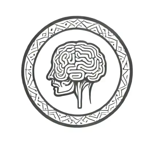 a brain inside a simple thick black line circular frame with geometric patterns shooting from it tattoo design idea