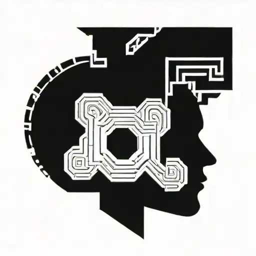 a human head with a view of the brain depicted as a maze, abstract tattoo design idea