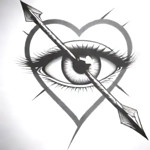 an arrow shot through a female eye encapuslated in a heart tattoo design idea
