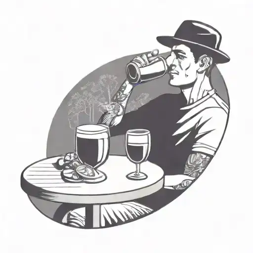 a very simple line illustration of a close up person drinking sangria in a park. drinking from a wine glass, in a circle tattoo design idea