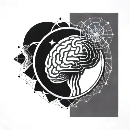 a brain inside a circular frame with geometric patterns shooting from it tattoo design idea