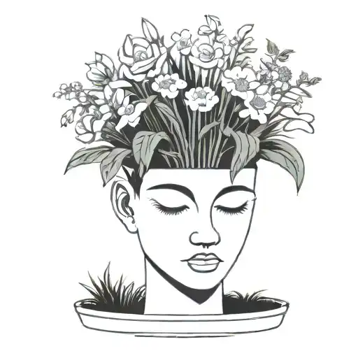 head poking out of a plant pot with soil on top of the head and flowers growing out of it. using thick black lines. tattoo design idea