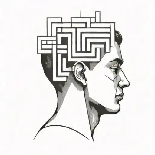 a human head laying back on a pillow with geometric shapes like a maze coming out of the top of his head tattoo design idea