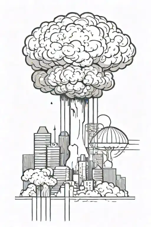 a nuclear explosion mushroom cloud destroying a city using bold black lines and geometric shapes tattoo design idea