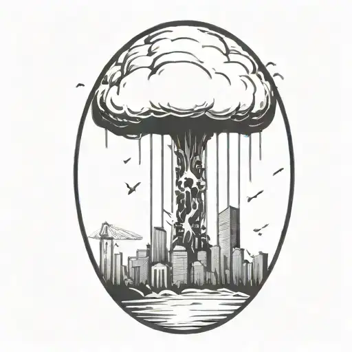 an abstract nuclear explosion mushroom cloud destroying a city in an abstract black line frame tattoo design idea