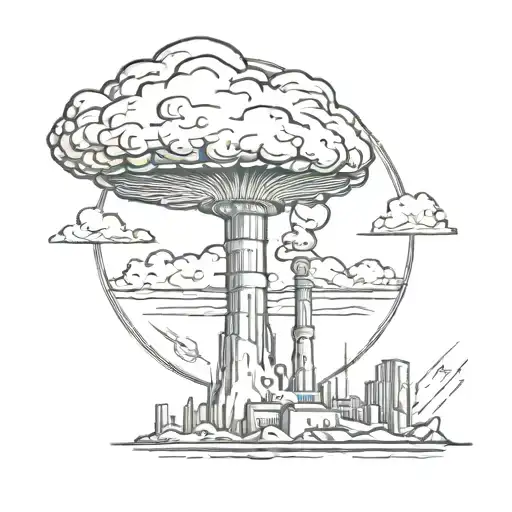 a mushroom cloud from a nuclear explosion destroying a major city within an abstract frame tattoo design idea