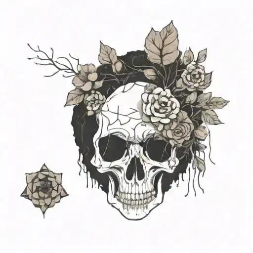 a head poking out of the soil of a muddy grave with soil on top of the head and flowers growing out of the top tattoo design idea