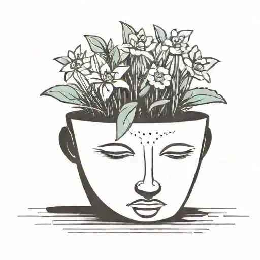 head poking out of a plant pot with soil on top of the head and flowers growing out of it. using thick black lines. tattoo design idea