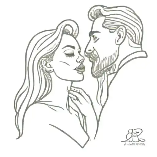 a man and a woman trying to kiss but there is a steak in their mouths blocking the kiss tattoo design idea
