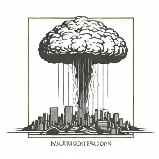 an abstract nuclear explosion mushroom cloud destroying a major city in an abstract black line frame tattoo design idea