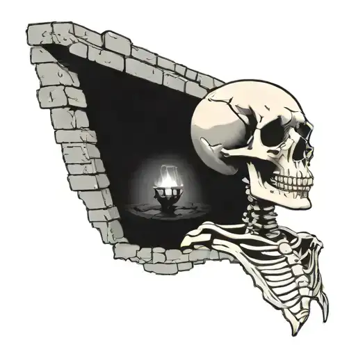 a skeleton hiding and stuck in a brick wall tattoo design idea