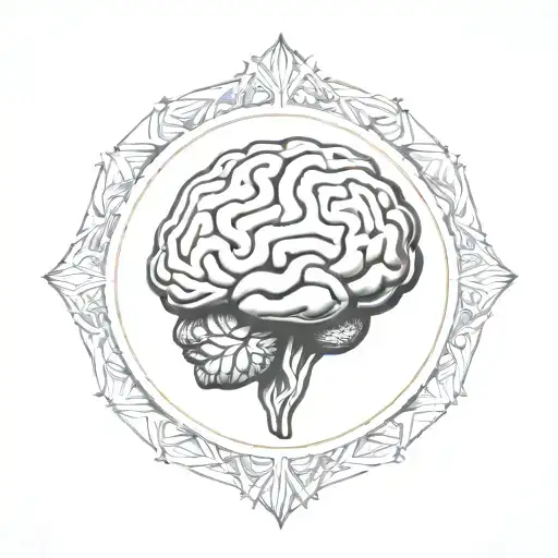 a brain inside a circular frame with geometric patterns shooting from it tattoo design idea