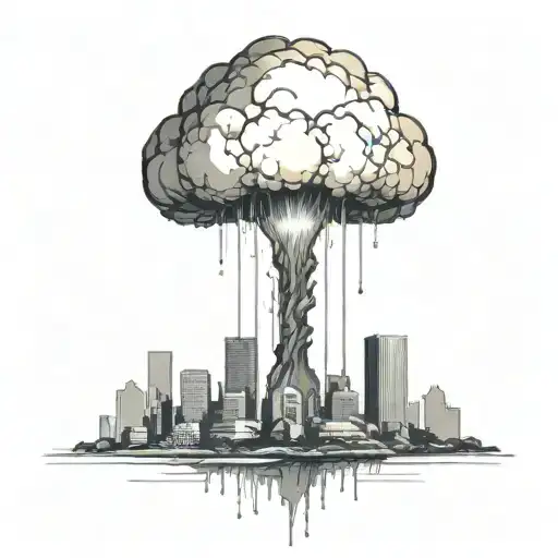 an abstract nuclear explosion mushroom cloud destroying a major city in an abstract black line frame tattoo design idea