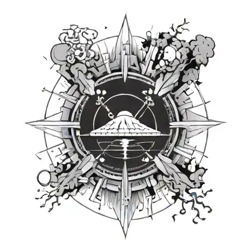 a nuclear explosion mushroom cloud contained within a perfect black circle tattoo design idea