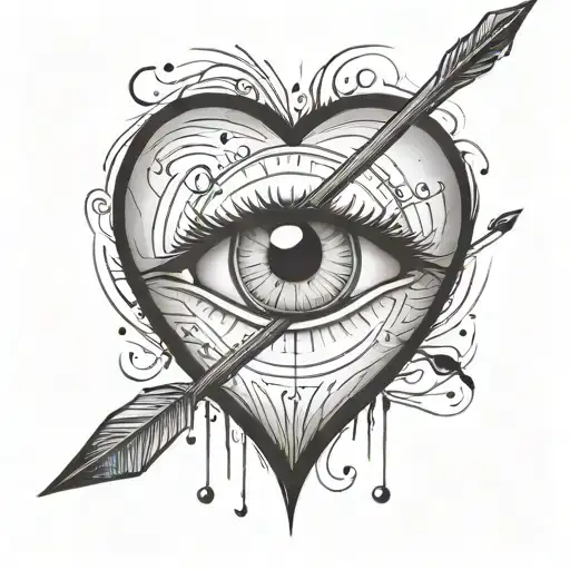 an eyeball with an arrow shooting through it encapsulated in a heart shape black and white tattoo design idea