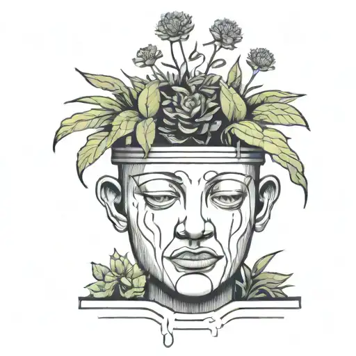 head poking out of a plant pot with soil on top of the head and flowers growing out of it. using thick black lines. tattoo design idea