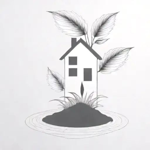 a seed growing out of the ground into a plant. but the plant is slowly becoming a house. frame within a thick black line tattoo design idea