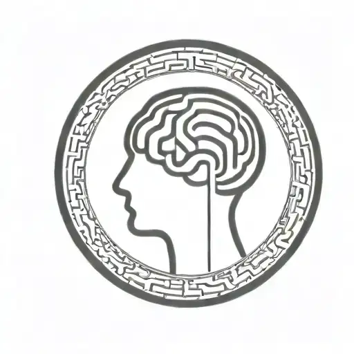 a brain inside a simple thick black line circular frame with geometric patterns shooting from it tattoo design idea
