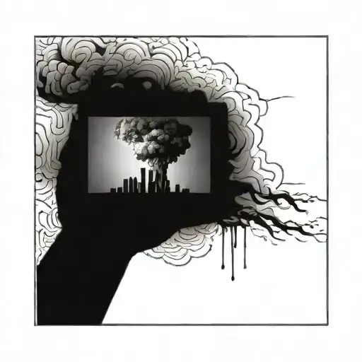 a nuclear explosion mushroom cloud destroying a city in a rectangular picture frame hanging on a wall tattoo design idea